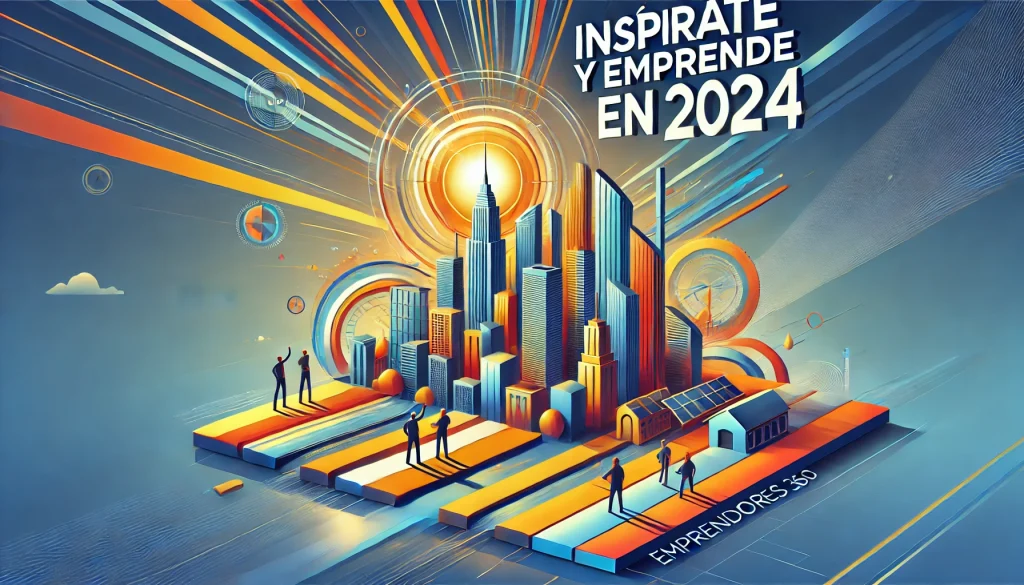 Paisaje urbano futurista con edificios altos y rayos de color naranja, azul y amarillo vibrantes que emanan de un sol. Debajo, hay siluetas de personas paradas sobre plataformas coloridas. El texto dice "Inspírate y Emprende en 2024" y "Emprendedores 360" en una fuente moderna y dinámica.