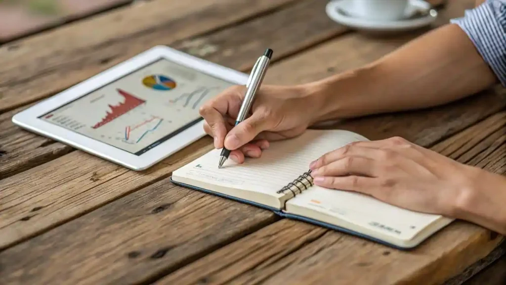 Google Lanza su Nuevo Algoritmo 'Human Experience': La Oportunidad de Oro para el Emprendedor Imbatible 2 Manos de un estratega de negocios escribiendo un plan de acción en un cuaderno, representando el análisis 360 y la creación de contenido auténtico.
