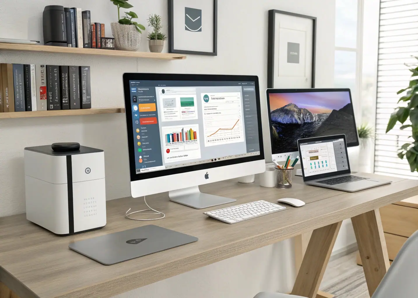 El Arsenal Imbatible: Herramientas que Potencian tu Negocio Arsenal de herramientas digitales para emprendedores en escritorio moderno con múltiples pantallas y software empresarial