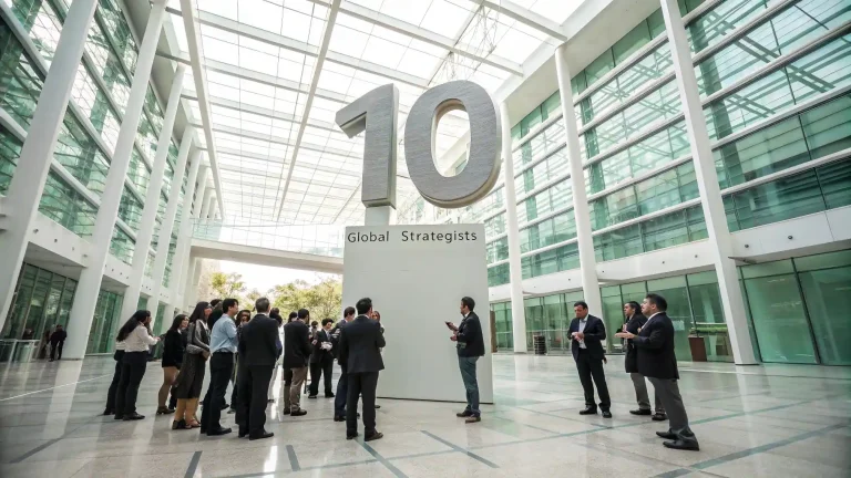 10' monumental y brillante, simbolizando la década de la ASEM, con emprendedores mexicanos colaborando a su alrededor.