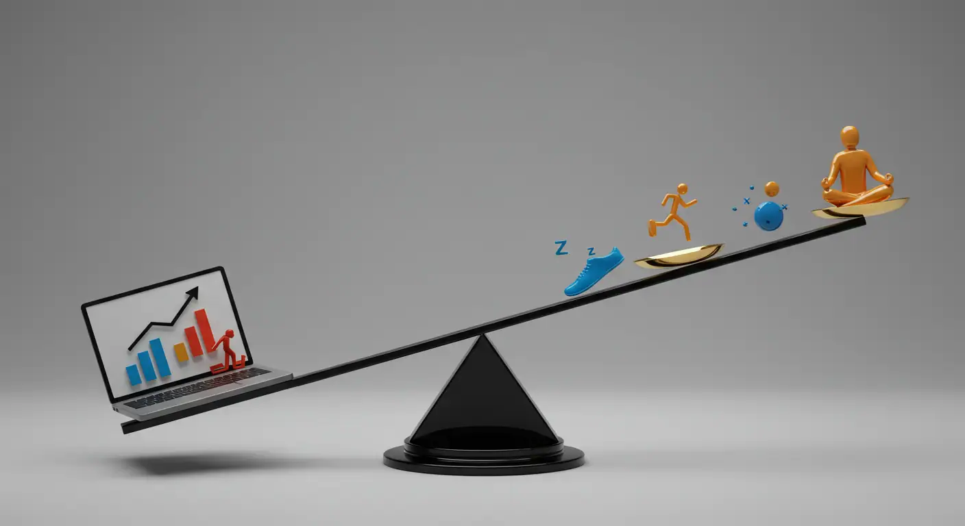 El Autocuidado es una Estrategia de Negocio Balanza equilibrando trabajo y autocuidado para un emprendedor de alto rendimiento