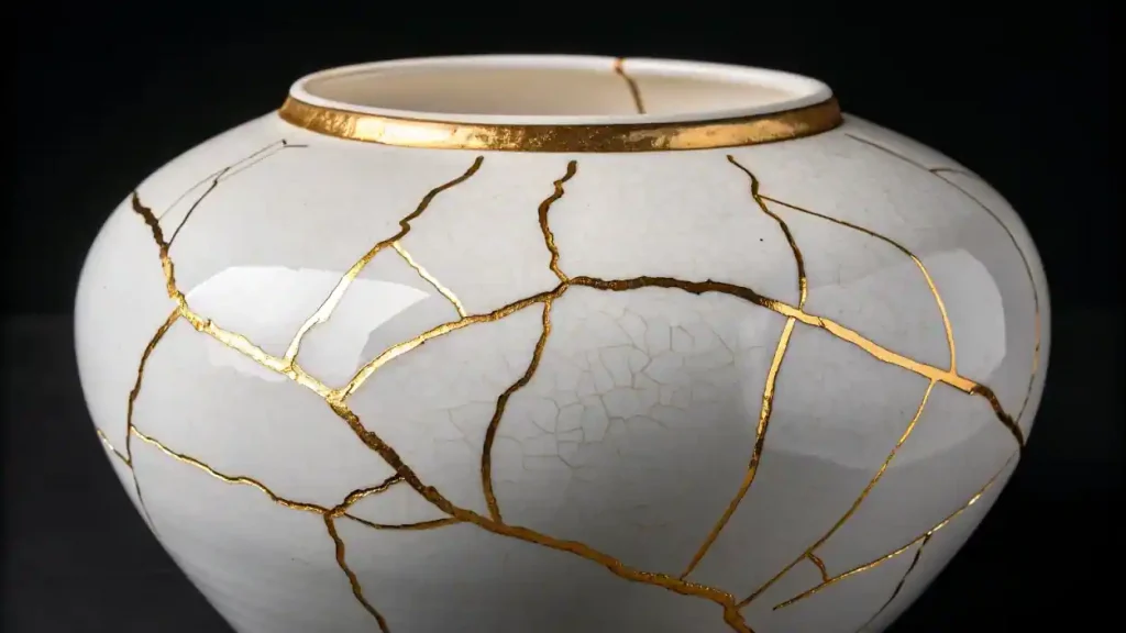 El Fenómeno del 'De-Influencing': La Lección de Marketing que tu Negocio Necesita Aprender 2 Una pieza de cerámica reparada con oro (Kintsugi), representando el análisis 360 sobre cómo la honestidad y las 'cicatrices' de un negocio construyen una marca poderosa y confiable.