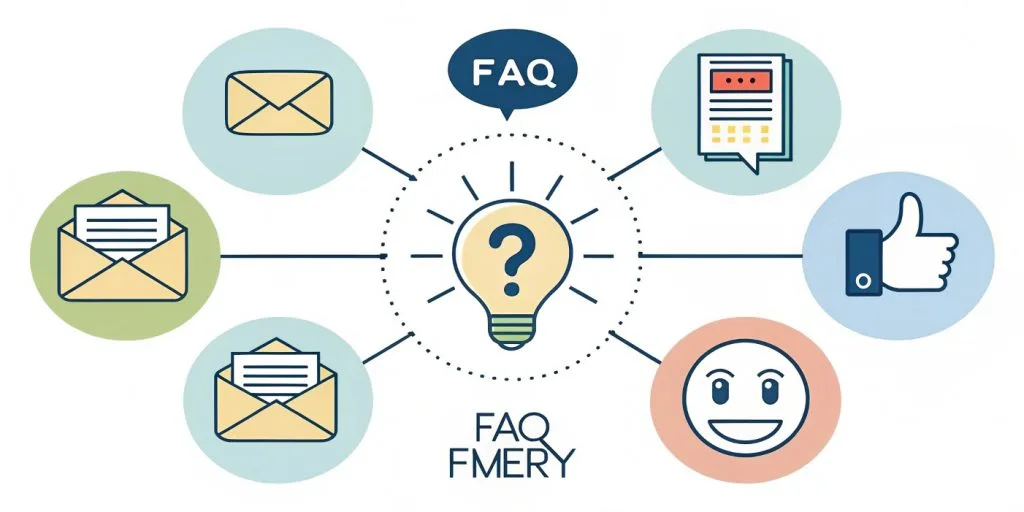 Iconos de interacción con clientes (email, preguntas, encuestas) generando ideas de contenido (bombilla).