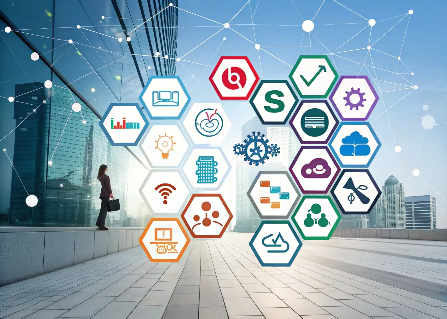El Ecosistema Perfecto: Herramientas que Se Potencian Mutuamente Ecosistema conectado de logos de herramientas empresariales populares como Notion, Slack, HubSpot y Canva