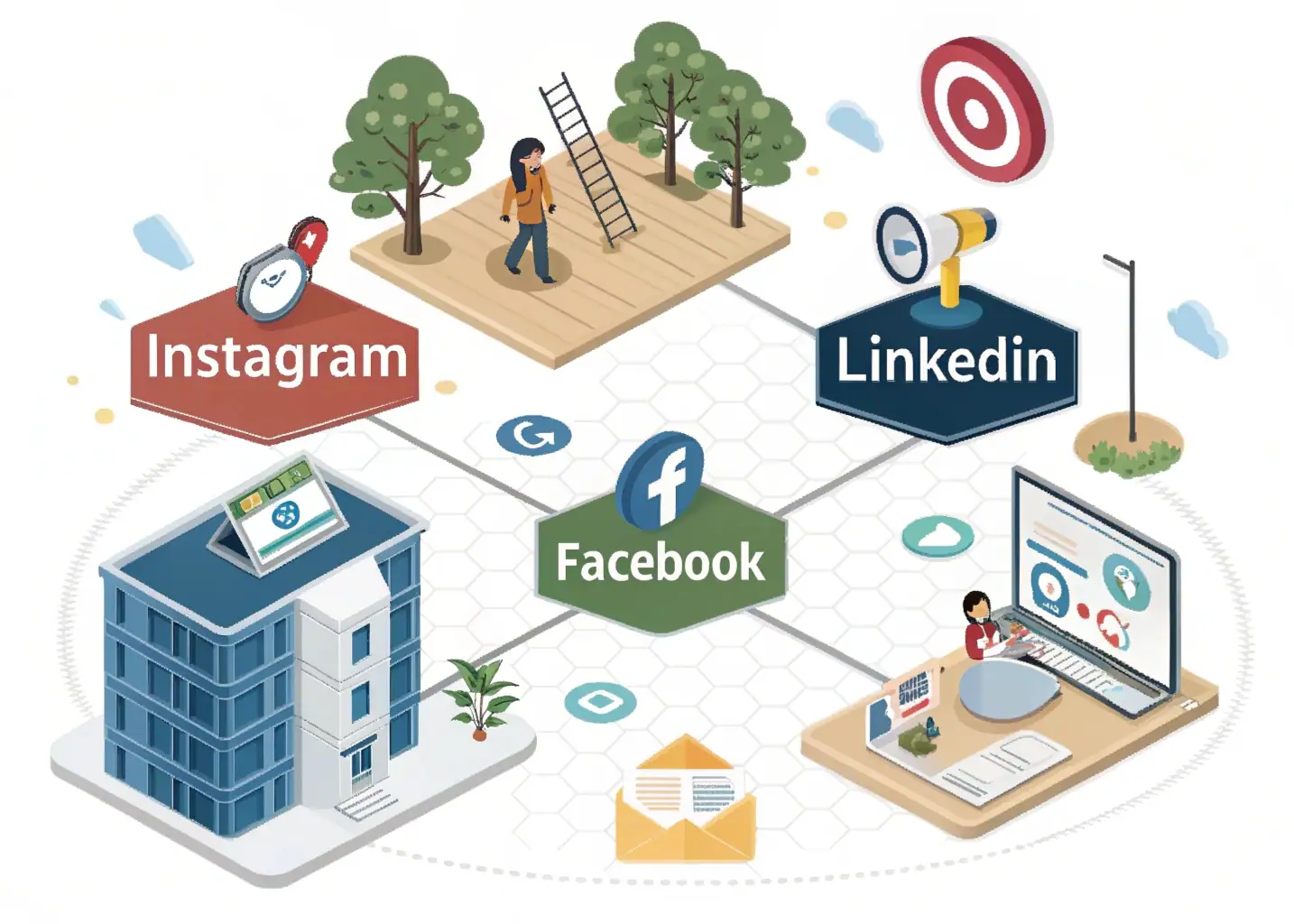 El Ecosistema Integrado de Marketing Digital Ecosistema integrado de marketing digital mostrando redes sociales, email marketing y SEO trabajando en conjunto