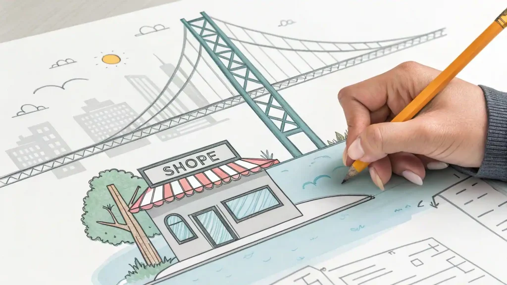 Análisis 360 de la estrategia para emprender, visualizada como la construcción de un puente planificado desde el empleo hasta el negocio propio.