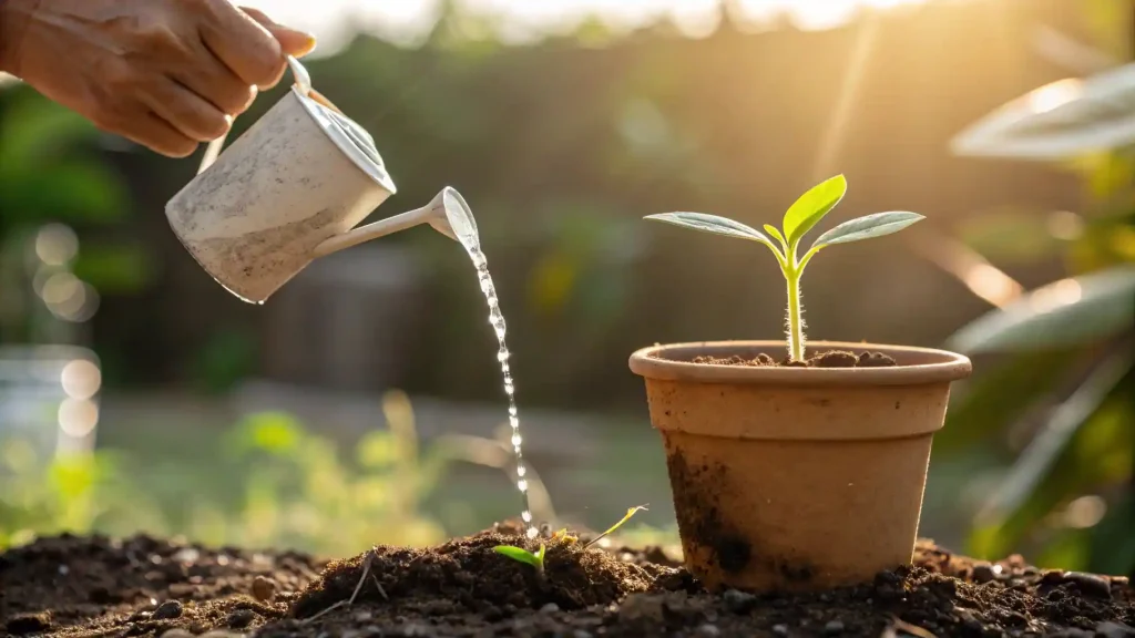 Análisis 360 de la estrategia de ventas, mostrando una mano que cultiva una relación con un cliente como si fuera una planta, con paciencia y cuidado.