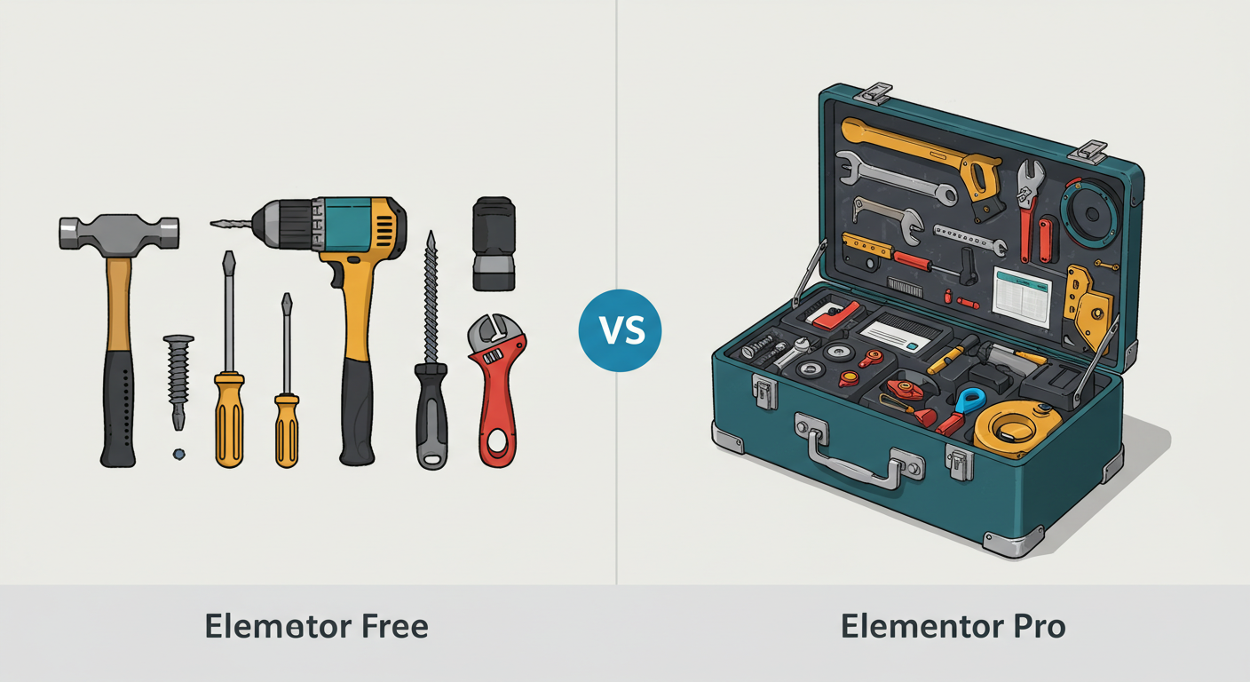 Diferencia de herramientas entre Elementor Gratis y Pro Comparativa visual entre Elementor gratis y pro mostrando herramientas disponibles