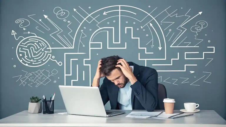 Emprendedor abrumado por el exceso de planificación, ilustrando la parálisis por análisis que frena el crecimiento de un negocio.