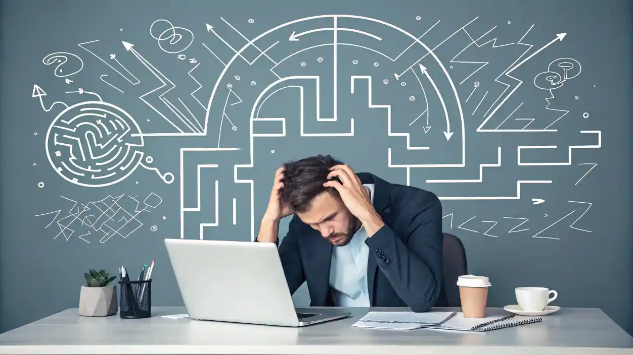 Atrapado en la Planificación Eterna: Cómo la Parálisis por Análisis Frena tu Negocio 3 Emprendedor abrumado por el exceso de planificación, ilustrando la parálisis por análisis que frena el crecimiento de un negocio.