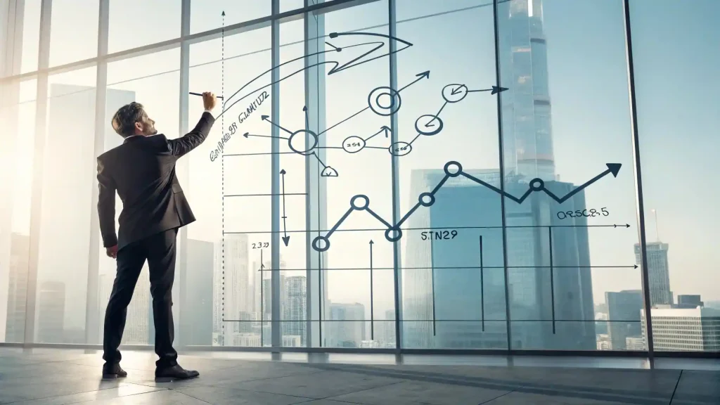 Nobel de Economía 2025: El Secreto de la "Destrucción Creativa" para tu Negocio Rentable 2 Un emprendedor frente a una pared de cristal con gráficos y diagramas de flujo, planificando la estrategia de crecimiento de su negocio rentable.
