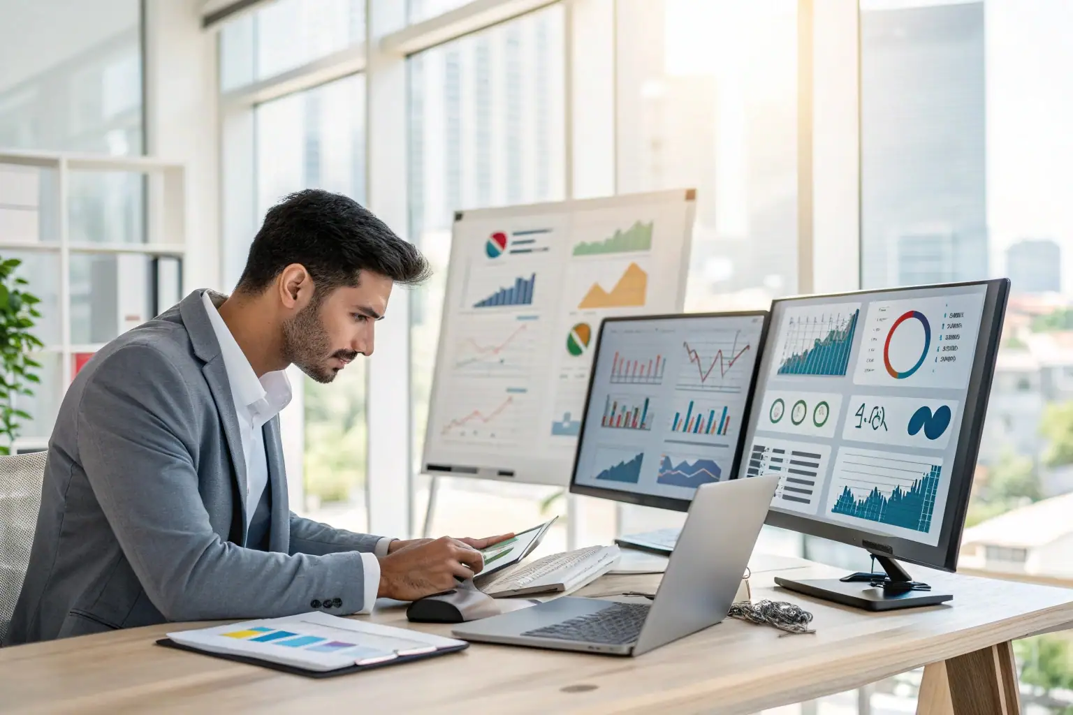 Estratega Digital: Integrando Herramientas de Marketing Emprendedor hispano trabajando en estrategia de marketing digital con múltiples herramientas y analytics