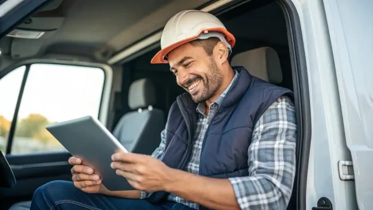 Emprendedor latino en Estados Unidos usando tecnología para gestionar su pequeño negocio y asegurar su rentabilidad y crecimiento.