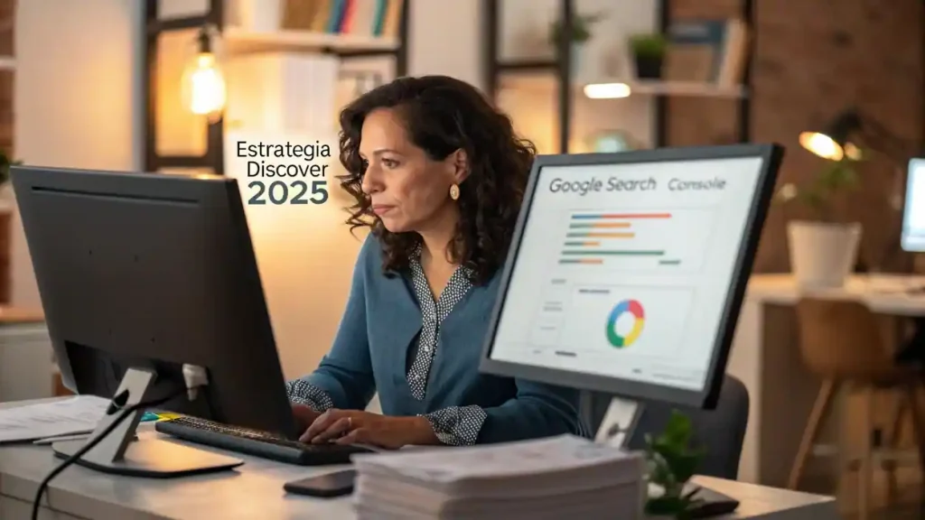 Google Discover Cambia el Juego: Influencers y Creadores Competirán Contra Medios por Tráfico (Y Qué Significa para Tu Negocio Digital) 2 Emprendedora creando estrategia de contenido optimizado para Google Discover con herramientas digitales y análisis SEO