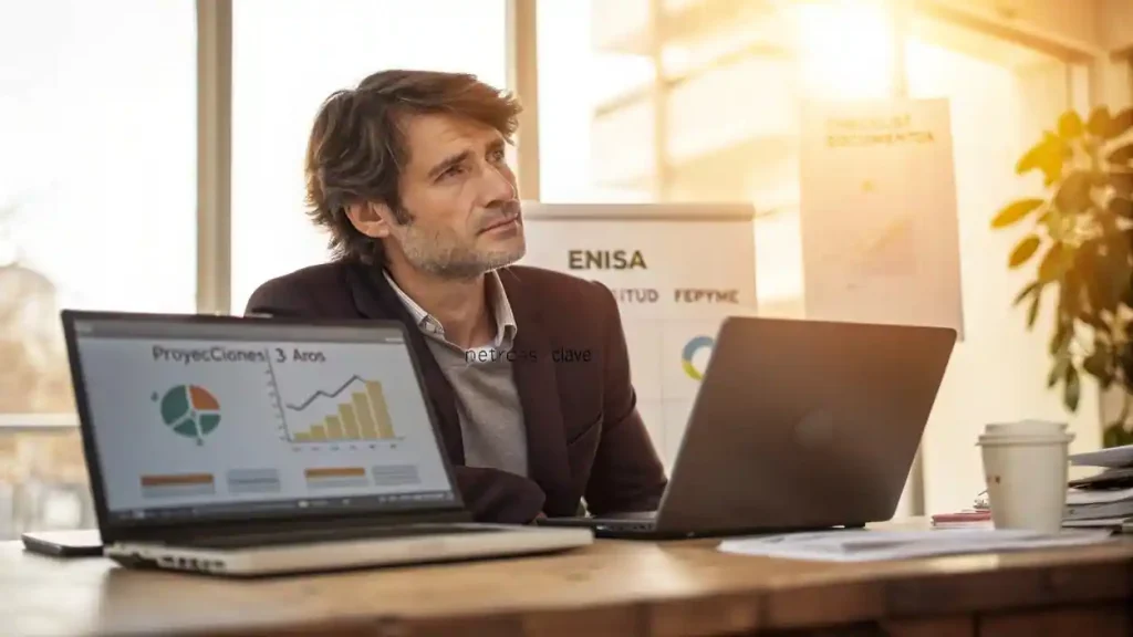 España Lanza Fondo de 303 Millones para Startups: 582 Emprendedores Ya Solicitaron Financiación (Aquí Tu Guía Express para Aplicar) 3 Emprendedora española preparando documentación para solicitud de préstamo FEPYME ENISA con business plan y laptop