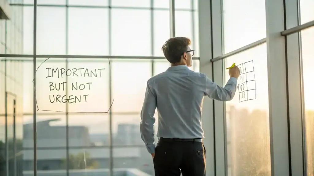 Emprendedor Imbatible usando la Matriz de Eisenhower en una pizarra para priorizar estratégicamente sus tareas y enfocarse en el crecimiento del negocio.