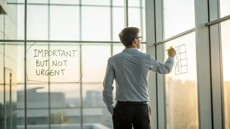 Emprendedor Imbatible usando la Matriz de Eisenhower en una pizarra para priorizar estratégicamente sus tareas y enfocarse en el crecimiento del negocio.