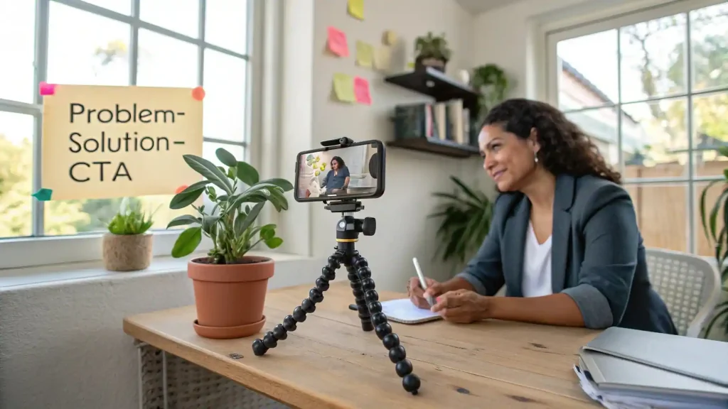 El 48% Ya Compra Por Instagram Y TikTok (Sin Ir a Tu Web): La Estrategia Exacta De $32 Mil Millones Que Está Matando El E-commerce Tradicional 3 Emprendedora grabando video corto para ventas en TikTok e Instagram - Estrategia de social commerce
