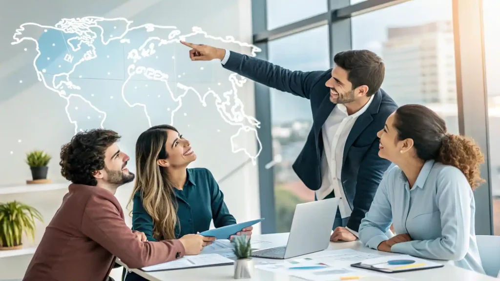 Inversión en Startups en España Crece un 15% en 2025 y Atrae a Latam 3 Un equipo diverso de emprendedores de España y Latinoamérica colaborando en una oficina moderna, planificando su estrategia de expansión global.