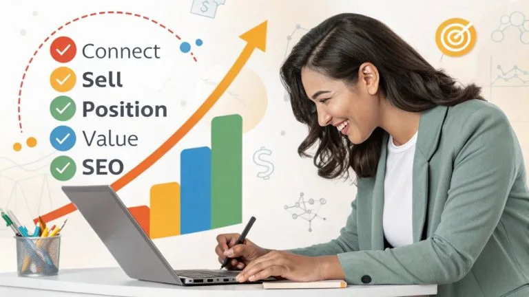 Emprendedor escribiendo contenido estratégico en laptop, con palabras clave convirtiéndose en un camino de éxito y posicionamiento.