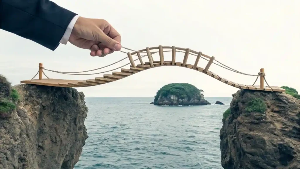 Networking para los que Odian el Networking: El Arte de Crear Conexiones Rentables sin Vender tu Alma 2 Análisis 360 de una estrategia de networking imbatible, simbolizada por una mano que construye un puente para aportar valor y conectar a otros.