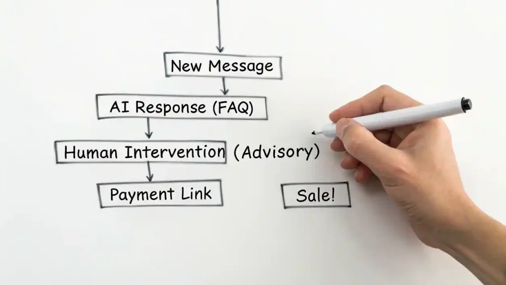 WhatsApp Lanza su Arsenal para Negocios: ¿Estás Listo para Vender Directo en el Chat? 2 Diagrama de flujo que muestra una estrategia 360 para vender en WhatsApp, combinando automatización con un toque humano para ser más efectivo.
