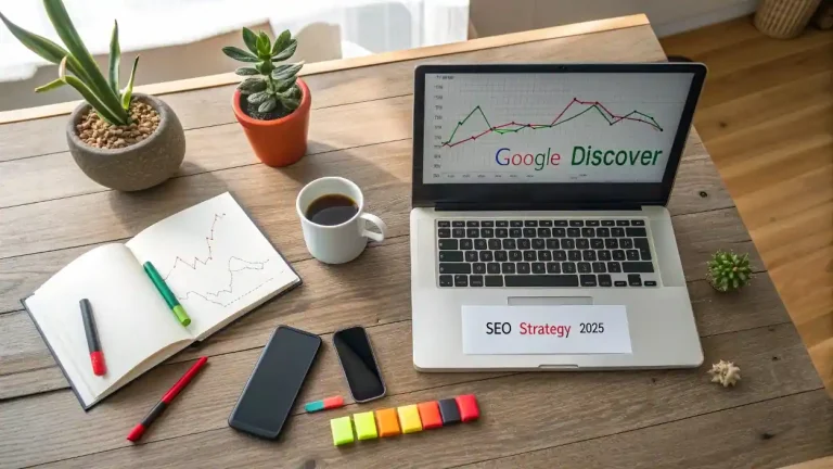 Emprendedor digital analizando métricas de Google Discover en laptop con gráficos de tráfico mostrando cambios del algoritmo octubre 2025