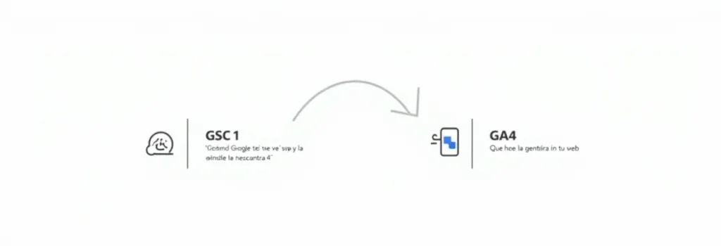 Diagrama explicando las funciones complementarias de Google Search Console (visibilidad en Google) y Google Analytics 4 (comportamiento en web) para SEO.