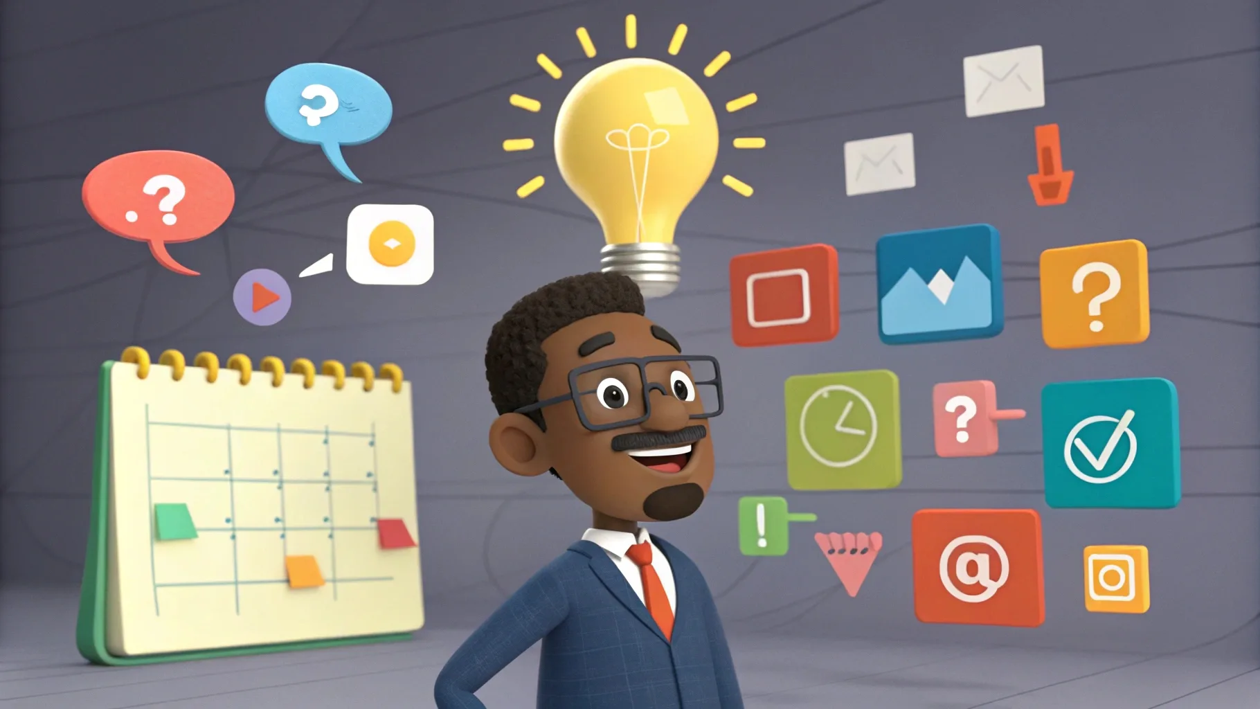 Emprendedor con una bombilla de ideas sobre su cabeza, generando múltiples formatos de contenido para su calendario editorial.