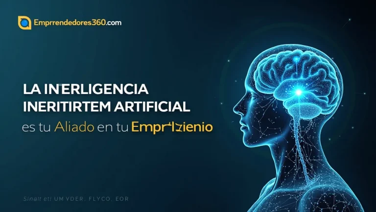 El perfil lateral de una cabeza humana muestra un cerebro digital, que simboliza la inteligencia artificial. El texto en español dice: "Cómo la Inteligencia Artificial (IA) es tu aliado en tu emprendimiento". La imagen muestra una paleta de azul y negro, con una dirección de sitio web ubicada de manera destacada en la parte superior izquierda.