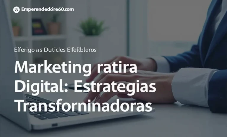 Una persona escribe en un portátil en un escritorio con una planta verde y libros de fondo. El texto de la imagen dice: "Emprendedore60.com, Efférigo as Duticles Elféitbëros, Marketing digital: Estrategias transformadoras.