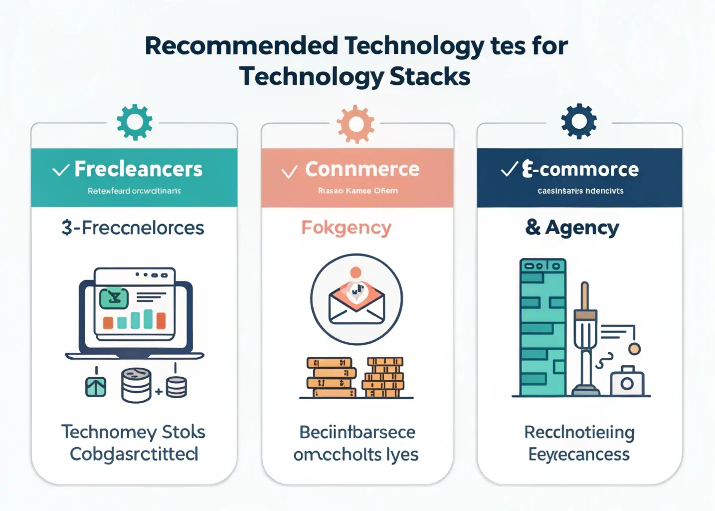 Stacks Probados: La Combinación Perfecta por Tipo de Negocio Infografía de stacks tecnológicos recomendados para freelancers, e-commerce y agencias con herramientas específicas