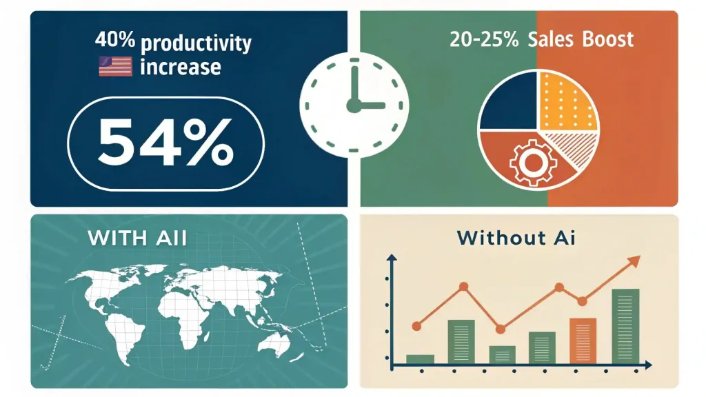 El 54% de PYMEs Ya Usa IA Para Vender (Y Aumentó Sus Ventas 40%): La Estrategia Exacta Que Están Aplicando 2 No es tendencia, es matemática pura. Según la última encuesta de Microsoft a 7 países de las Américas, el 54% de las pequeñas y medianas empresas ya implementó inteligencia artificial en sus procesos de ventas. El resultado: incremento promedio del 40% en productividad y aumentos del 20-25% en el valor por transacción. Mientras tanto, el otro 46% sigue "estudiando" si adoptar IA. La brecha se amplía cada mes. Aquí está exactamente lo que los ganadores están haciendo.