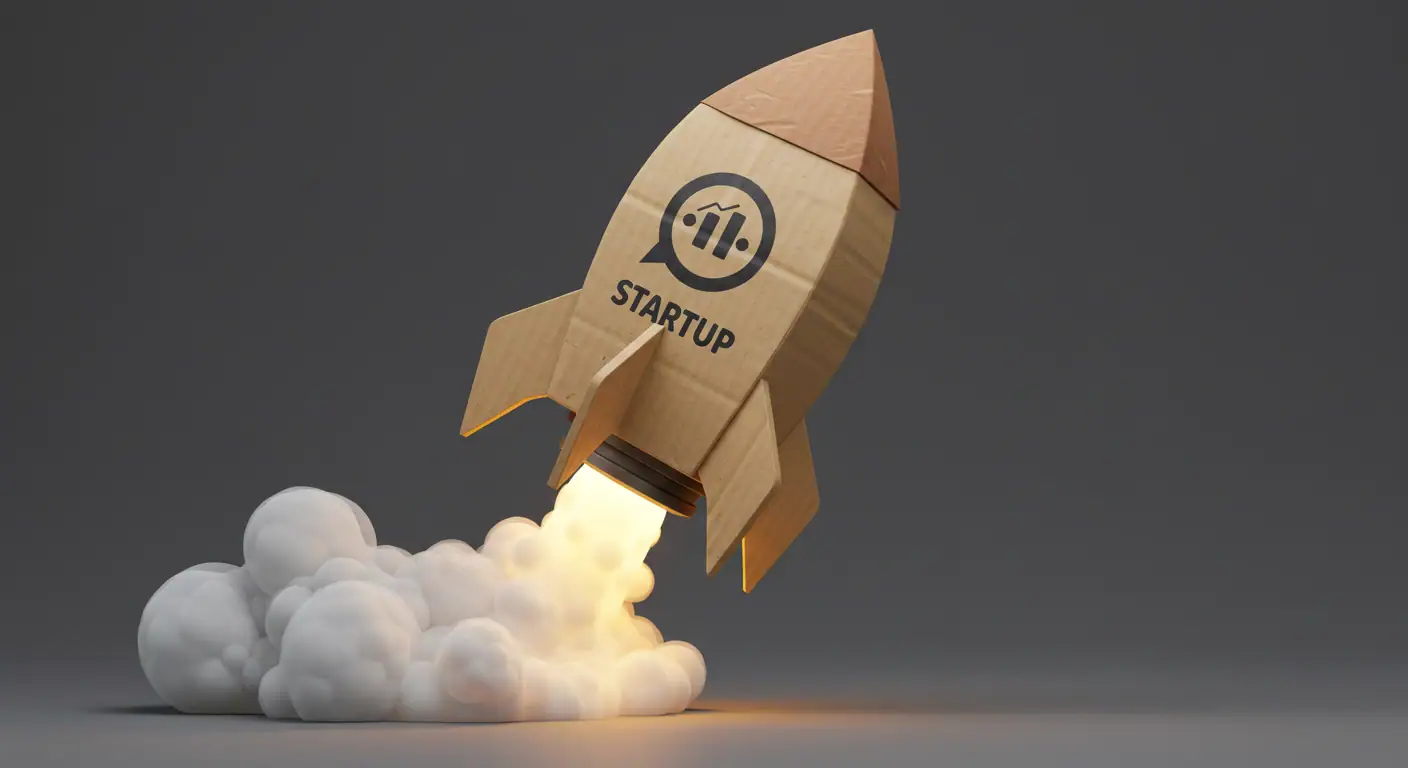 Lanza tu MVP y Empieza a Aprender del Mercado Real Cohete de cartón despegando, simbolizando el lanzamiento de un Producto Mínimo Viable (MVP)