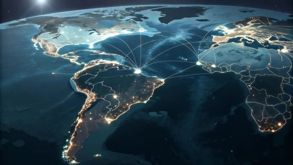 Nobel de Economía 2025: El Secreto de la "Destrucción Creativa" para tu Negocio Rentable 3 Mapa digital de Latinoamérica y España con nodos de conexión brillantes, simbolizando el ecosistema emprendedor global y la oportunidad de crecimiento.