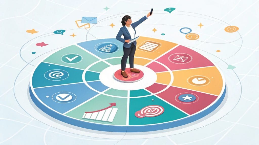 Emprendedor en el centro de un diagrama de marketing digital 360, con iconos de SEO, redes sociales, email, contenido y web. Descripción: