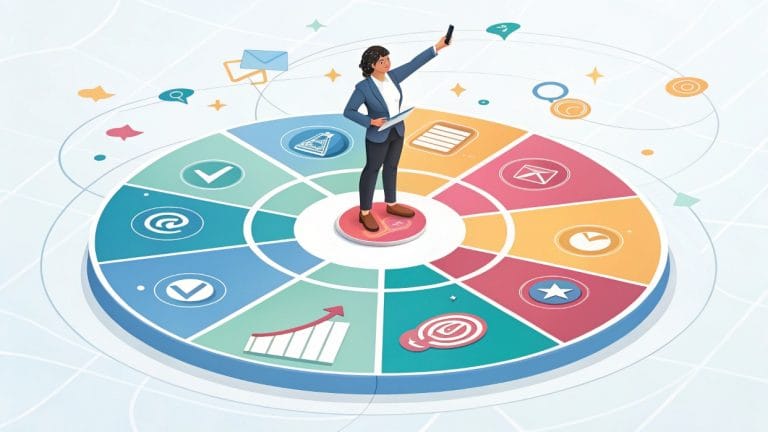 Emprendedor en el centro de un diagrama de marketing digital 360, con iconos de SEO, redes sociales, email, contenido y web. Descripción: