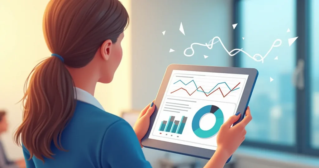 revisando métricas SEO positivas (tráfico, conversiones) en una tablet, con una brújula simbolizando la dirección.