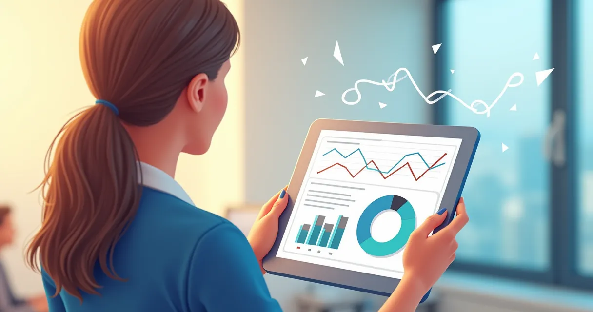 revisando métricas SEO positivas (tráfico, conversiones) en una tablet, con una brújula simbolizando la dirección.
