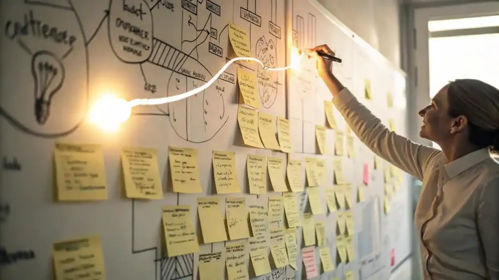 Un futuro emprendedor desmontando el mito de la 'idea perfecta' al encontrar una solución de negocio simple y clara en medio del caos de ideas complejas.