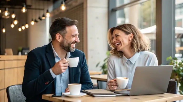 Dos emprendedores construyendo una relación profesional auténtica, demostrando el nuevo enfoque del networking basado en la confianza y no en la transacción.