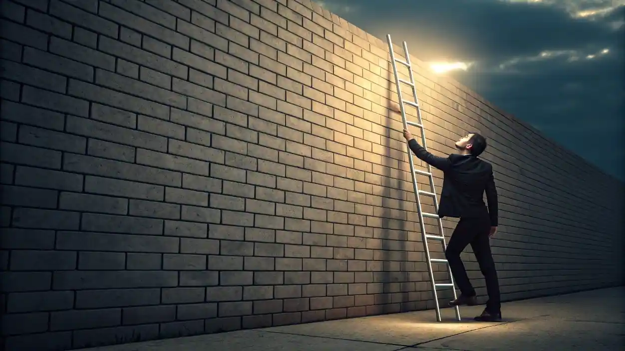 Un emprendedor imbatible enfrentando un obstáculo no como una barrera, sino como una oportunidad, demostrando la mentalidad clave para el éxito en los negocios.