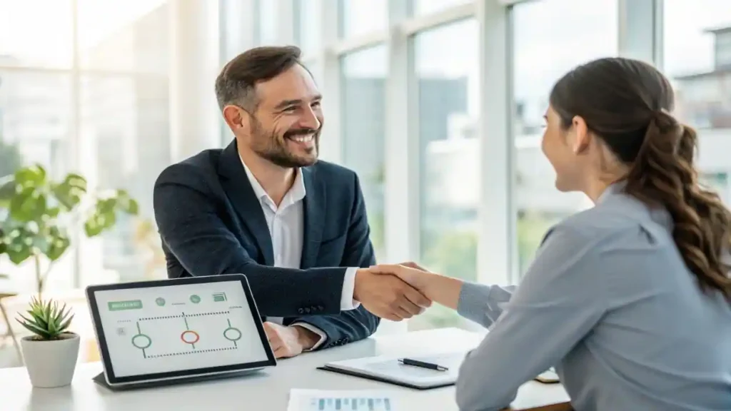 Un emprendedor profesional completando un exitoso onboarding con un nuevo cliente, estableciendo una relación de confianza desde el inicio.
