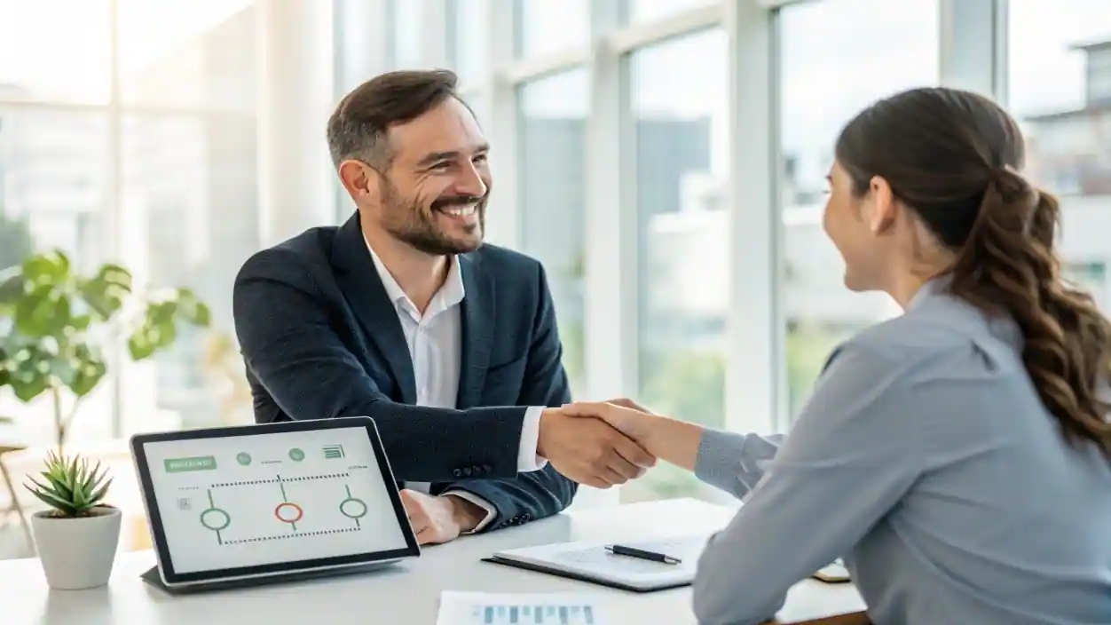 Un emprendedor profesional completando un exitoso onboarding con un nuevo cliente, estableciendo una relación de confianza desde el inicio.