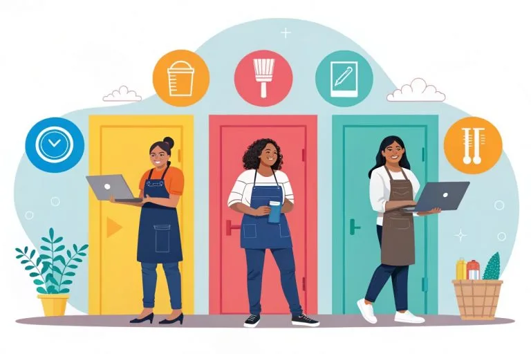 Emprendedor con herramientas eligiendo entre varias puertas que representan ideas de negocios pequeños, simbolizando la decisión y oportunidad.