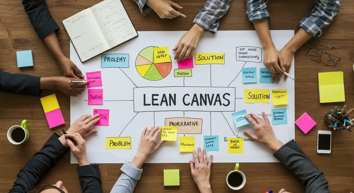 Crea Tu Plan de Negocio con el Lean Canvas Equipo de emprendedores trabajando en un Lean Canvas con notas adhesivas para crear un plan de negocio ágil