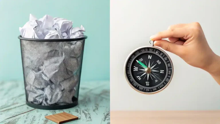 Un emprendedor descarta la planificación anual tradicional y obsoleta en favor de una estrategia de negocio ágil y enfocada, simbolizada por una brújula.