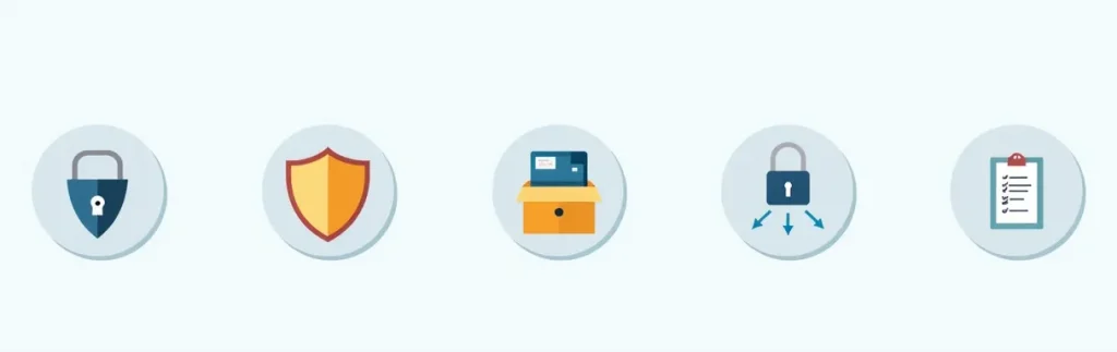 Iconos representando los plugins esenciales para WordPress: Seguridad, Backups, Velocidad (Caché), SEO y Formularios.