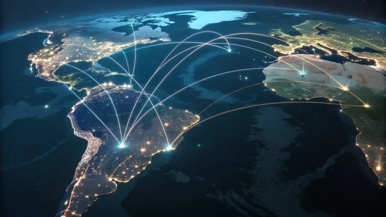 Un puente de luz digital conectando los mapas de España y Latinoamérica, simbolizando la inversión y colaboración entre startups de ambos ecosistemas en 2025.