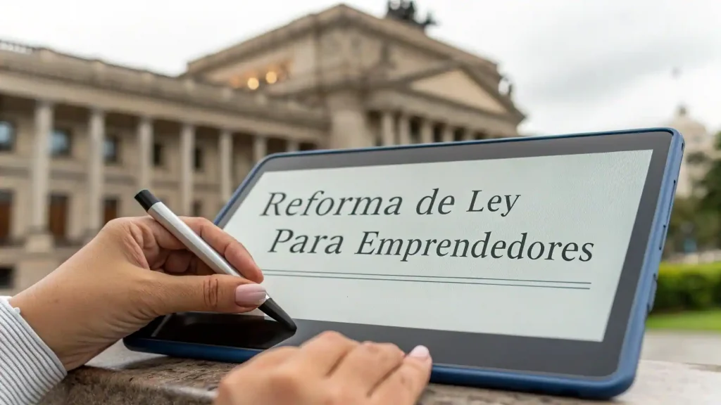 ASEM: 10 Años Forjando el Ecosistema Emprendedor de México 2 Una mano firmando digitalmente una ley en una tablet, con el Congreso de la Unión de México al fondo, simbolizando las reformas impulsadas por la ASEM.
